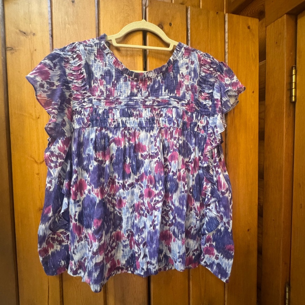 Isabel Marant Etoile Women’s Purple Floral Print Ruffle Sleeve Blouse